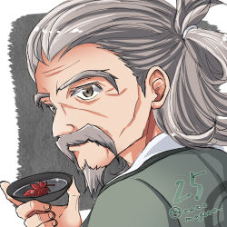 Rule 34 | 1boy, alcohol, border, commentary request, countdown, cup, eiyuu densetsu, facial hair, goatee, grey background, grey eyes, grey hair, holding, holding cup, kai no kiseki, kuro no kiseki (series), male focus, mayu (cocomayura), mustache, old, old man, outside border, sakazuki, sake, solo, upper body, white border, yun ka-fai