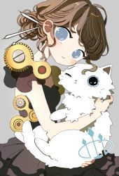 Rule 34 | 1girl, absurdres, animal, blush, brown dress, brown hair, cat, dress, grey background, grey eyes, highres, holding, holding animal, holding cat, lobor, looking at viewer, original, personification, short hair, simple background, sleeveless, sleeveless dress, solo, tao (tao15102)