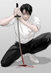 Rule 34 | 1boy, absurdres, bags under eyes, black pants, blood, blood on face, blood stain, blue eyes, expressionless, highres, holding, holding sword, holding weapon, jujutsu kaisen, katana, kneeling, li chestnuts, looking at viewer, male focus, okkotsu yuuta, pants, shirt, short hair, simple background, solo, solo focus, sword, weapon, white shirt
