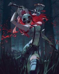 Rule 34 | 1girl, absurdres, arms up, axe, bare shoulders, blood, blood on axe, blood spray, bloody weapon, breasts, cosplay, dead by daylight, grass, highres, holding, holding axe, holding weapon, kokorin, lain paterson, lain paterson (1st costume), long hair, medium breasts, midriff, navel, nijisanji, open mouth, outdoors, red hair, solo, standing, the huntress (dead by daylight), the huntress (dead by daylight) (cosplay), virtual youtuber, weapon