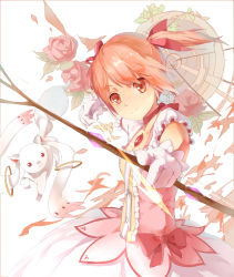 Rule 34 | 10s, 1girl, arrow (projectile), bow (weapon), brown eyes, dress, flower, gloves, hair ribbon, highres, holding, holding weapon, huanxiang heitu, kaname madoka, kyubey, looking at viewer, mahou shoujo madoka magica, mahou shoujo madoka magica (anime), pink hair, red ribbon, ribbon, short hair, smile, twintails, weapon, white gloves