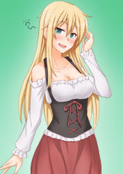 Rule 34 | 1girl, :d, alternate costume, anti (untea9), bismarck (kancolle), blonde hair, blue eyes, blush, breasts, cleavage, dirndl, german clothes, green background, hair between eyes, highres, kantai collection, large breasts, long hair, looking at viewer, open mouth, simple background, smile, solo