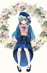 Rule 34 | 1girl, aqua hair, black footwear, blue eyes, blue hat, blush, candle, closed mouth, fingernails, flower, frilled shirt collar, frills, full body, hat, hat flower, highres, holding, lace-trimmed hat, lace trim, light blush, long hair, long sleeves, looking at viewer, mary janes, original, pantyhose, red neckwear, shoes, simple background, smile, solo, tilted headwear, white background, white flower, white pantyhose, wide sleeves