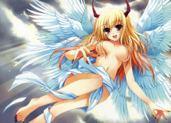Rule 34 | 1girl, absurdres, angel wings, barefoot, blonde hair, blush, breasts, censored, claws, convenient censoring, feet, fingernails, flying, hair censor, hair over breasts, highres, horns, large breasts, long fingernails, long hair, long toenails, multiple wings, nail, nail polish, red eyes, red nails, seraph, sky, smile, solo, toenail polish, toenails, toes, tomose shunsaku, topless, wings