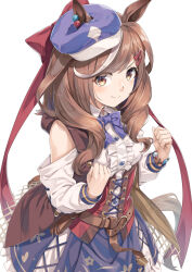 Rule 34 | &gt;:), 1girl, animal ears, bare shoulders, blue hat, blue skirt, blush, breasts, brown eyes, brown hair, brown vest, cabbie hat, center frills, closed mouth, clothing cutout, commentary, detached sleeves, ears through headwear, frilled skirt, frills, hair ornament, hairclip, hat, horse ears, horse girl, horse tail, long hair, long sleeves, looking at viewer, matikane tannhauser (umamusume), medium breasts, miri (ago550421), multicolored hair, puffy long sleeves, puffy sleeves, shirt, shoulder cutout, simple background, skirt, smile, solo, streaked hair, tail, tilted headwear, umamusume, v-shaped eyebrows, vest, white background, white hair, white shirt