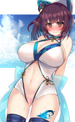 Rule 34 | 1girl, @ @, bar censor, bashamichi hagemi, blush, breasts, brown hair, censored, cleavage, clothing cutout, covered erect nipples, cowboy shot, hair behind ear, highres, indie virtual youtuber, kutan, large breasts, leg tattoo, looking at viewer, navel cutout, pussy, pussy juice, short hair, skirt, smile, solo, swimsuit, tattoo, virtual youtuber, wavy mouth, yellow eyes