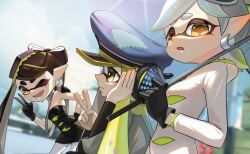 Rule 34 | + +, 3girls, :o, ;d, agent 3 (splatoon), asymmetrical hair, bare shoulders, black dress, black gloves, black hair, blurry, blurry background, bow-shaped hair, breasts, callie (splatoon), domino mask, dress, earrings, fangs, food, food on head, gloves, gradient hair, hair over shoulder, headphones, highres, holding, holding umbrella, hood, hooded jacket, inkling, inkling player character, jacket, jewelry, leaning forward, long eyelashes, long hair, looking at viewer, looking away, marie (splatoon), mask, medium breasts, mole, mole under eye, multicolored hair, multiple girls, nintendo, object on head, one eye closed, open mouth, pale skin, pantyhose, parasol, patchwork clothes, pointy ears, short hair, sideboob, silver choker, small breasts, smile, splatoon (series), splatoon 3, squidbeak splatoon, strapless, strapless dress, sushi, takkun0926, tentacle hair, thick eyebrows, umbrella, v, very long hair, white hair, white jacket, white pantyhose, yellow eyes