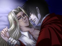 Rule 34 | 1boy, 1girl, alucard (hellsing), bed, black hair, blonde hair, blue eyes, coat, glasses, gloves, holding another&#039;s wrist, image sample, integra hellsing, looking at another, lying, no bra, on back, on bed, open clothes, open shirt, overcoat, pale skin, parted lips, pixiv sample, raite, red coat, red eyes, resized, shirt, vampire, white gloves
