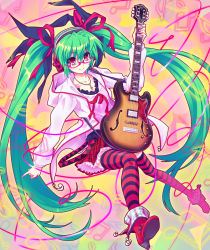 Rule 34 | 1girl, aqua hair, guitar, hatsune miku, headphones, highres, instrument, kocchi muite baby (vocaloid), long hair, pink eyes, project diva, project diva (series), project diva 2nd, solo, striped clothes, striped thighhighs, sumire (artist), thighhighs, twintails, urabi (tomatohouse), very long hair, vocaloid