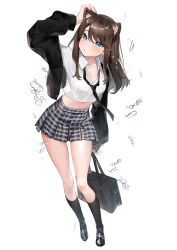 Rule 34 | 1girl, :o, animal ears, bag, black footwear, black necktie, black socks, blue eyes, breasts, brown hair, cardigan, cat ears, cat girl, cleavage, collared shirt, commentary, crop top, full body, hair between eyes, highres, holding, holding bag, kneehighs, loafers, long hair, looking at viewer, mayuri kaichou, medium breasts, necktie, open cardigan, open clothes, original, parted lips, plaid, plaid skirt, school bag, shirt, shoes, simple background, skirt, socks, solo, standing, symbol-only commentary, water drop, white background, white shirt