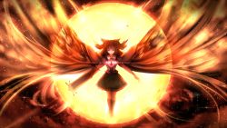Rule 34 | 1girl, arm cannon, backlighting, bird wings, black hair, black socks, black wings, bow, cape, closed eyes, full body, green skirt, hair bow, long hair, minust, outstretched arms, puffy short sleeves, puffy sleeves, reiuji utsuho, shirt, short sleeves, skirt, socks, solo, spread arms, sun, third eye, touhou, weapon, white shirt, wings
