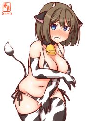 Rule 34 | 1girl, alternate costume, animal ears, animal print, artist logo, bell, bikini, blue eyes, blush, brown hair, clenched teeth, commentary request, cow ears, cow horns, cow print, cow tail, cowbell, cowboy shot, dated, embarrassed, fake animal ears, fake horns, hair ornament, hairclip, horns, kanon (kurogane knights), kantai collection, looking at viewer, maya (kancolle), one-hour drawing challenge, short hair, side-tie bikini bottom, simple background, solo, swimsuit, tail, teeth, white background, white bikini, white legwear, x hair ornament