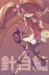 Rule 34 | 10s, 1girl, ankle boots, blonde hair, boots, bow, dress, drill hair, earrings, evil smile, eyepatch, from behind, hair bow, harime nui, highres, jamal campbell, jewelry, kill la kill, life fiber, lips, long hair, nail polish, nose, pinky out, platform footwear, smile, solo, strapless, strapless dress, string, twin drills, weapon, wrist cuffs