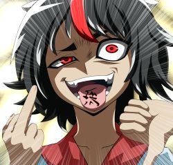 Rule 34 | 1girl, black hair, daigingaa, dress, emphasis lines, grey horns, horns, kijin seija, looking at viewer, middle finger, multicolored hair, open mouth, red eyes, red hair, short hair, smile, solo, streaked hair, thumbs down, tongue, tongue out, touhou, uneven eyes, white hair