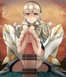 Rule 34 | 1girl, absurdres, alternate costume, armor, bar censor, black hairband, blush, censored, collaboration, corrin (female) (fire emblem), corrin (fire emblem), erection, ethan(33327245), eyebrows, feet, feet up, fire emblem, fire emblem fates, foot focus, footjob, hair between eyes, hairband, highres, long hair, looking at viewer, nintendo, official alternate costume, omegazero01, parted lips, penis, pointy ears, pov, red eyes, shoulder armor, sitting, smile, soles, solo focus, toeless legwear, toenails, toes, white armor