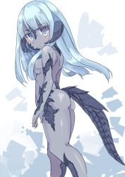 Rule 34 | 10s, 1girl, :o, ass, au ra, blue eyes, blue hair, blue skin, breasts, colored skin, dark-skinned female, dark skin, dragon girl, dragon horns, dragon tail, female focus, final fantasy, final fantasy xiv, hair over breasts, hime cut, horns, kajio (maburo), long hair, looking back, matching hair/eyes, nude, scales, simple background, solo, tail, warrior of light (ff14)