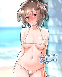 Rule 34 | 1girl, arms at sides, bare shoulders, bikini, blurry, blurry background, blush, breasts, closed mouth, collarbone, covered erect nipples, cowboy shot, dated, furaggu (frag 0416), gluteal fold, hair between eyes, highres, horizon, kantai collection, large breasts, light brown hair, looking at viewer, messy hair, micro bikini, navel, nose blush, ocean, one-hour drawing challenge, outdoors, sheffield (kancolle), skindentation, solo, string bikini, swimsuit, thighs, twitter username, underboob, water