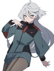 Rule 34 | 1girl, ahoge, akahito (akaironotanin), asticassia school uniform, closed mouth, front-seamed legwear, green jacket, green shorts, grey eyes, grey hair, gundam, gundam suisei no majo, hair between eyes, highres, jacket, long hair, long sleeves, looking to the side, miorine rembran, pantyhose, pantyhose under shorts, school uniform, seamed legwear, shorts, shoulder boards, simple background, solo, swept bangs, white background, wide sleeves