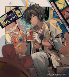 Rule 34 | 1boy, absurdres, arknights, black hair, black shirt, border, brown jacket, character doll, character name, choshanland plushy (arknights), commentary, cup, dark-skinned male, dark skin, dated, elysium (arknights), english text, feet out of frame, frown, gloves, grey shirt, highres, holding, holding cup, jacket, jacket on shoulders, kuroyamamiyuki, looking at viewer, male focus, photobomb, shirt, short hair, signature, sitting, sleeves rolled up, thorns (arknights), undershirt, white gloves, white shirt, yellow eyes