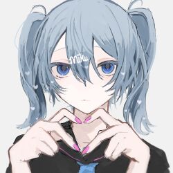 Rule 34 | 1girl, absurdres, aqua hair, black sailor collar, black shirt, blue eyes, character name, closed mouth, commentary, hair between eyes, hair ornament, hairclip, hatsune miku, heart, heart hands, heart in eye, highres, kajiwara 3, looking at viewer, medium hair, nail polish, pink nails, sailor collar, shirt, simple background, solo, symbol in eye, twintails, upper body, vocaloid, white background