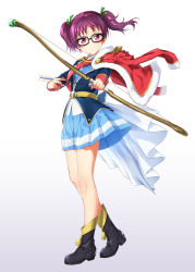 Rule 34 | 1girl, ankle boots, arrow (projectile), belt, bespectacled, black-framed eyewear, black footwear, blue jacket, blue skirt, boots, bow (weapon), cape, commentary request, cosplay, full body, fur-trimmed jacket, fur trim, gem, glasses, gradient background, green gemstone, green ribbon, hair ribbon, highres, holding, holding weapon, hoshimi junna, hoshimi junna (cosplay), jacket, jacket on shoulders, kazuno leah, long sleeves, looking at viewer, love live!, love live! sunshine!!, miniskirt, purple eyes, purple hair, red jacket, ribbon, satou hinata, shoujo kageki revue starlight, skirt, solo, standing, suke (momijigari), twintails, v-shaped eyebrows, voice actor connection, waist cape, weapon, white cape