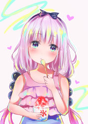 Rule 34 | 10s, 1girl, bare shoulders, beads, black ribbon, blue eyes, blunt bangs, blush, closed mouth, dragon girl, food, frilled swimsuit, frills, hair beads, hair ornament, hairband, half-closed eyes, heart, heart-shaped pupils, highres, ice cream, kanna kamui, kobayashi-san chi no maidragon, light purple hair, long hair, looking at viewer, low twintails, ribbon, simple background, slass, solo, spoon, swimsuit, symbol-shaped pupils, twintails, upper body, white background