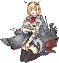 Rule 34 | 1girl, ascot, belt, black belt, black thighhighs, blonde hair, blue eyes, flower, full body, headgear, kantai collection, konishi (koconatu), long sleeves, machinery, military uniform, official art, open mouth, red ascot, red flower, red rose, rigging, rodney (kancolle), rose, rudder footwear, short hair, solo, thighhighs, torn clothes, transparent background, turret, uniform
