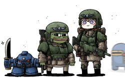 Rule 34 | 1girl, 2others, among us, astra militarum, blonde hair, fantasy, gun, hat, holding, holding gun, holding knife, holding weapon, knife, military, military hat, military uniform, multiple others, octosoup, pepe the frog, simple background, soldier, uniform, warhammer 40k, weapon, white background