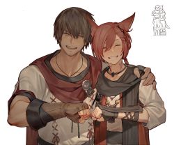 Rule 34 | 2boys, ^ ^, adventurer (ff14), animal ears, arm around shoulder, belt buckle, black scarf, braid, braided ponytail, brown gloves, brown hair, brown shirt, buckle, cape, cat ears, closed eyes, collarbone, facial hair, facial mark, facing viewer, ffxivys, final fantasy, final fantasy xiv, fingerless gloves, fist bump, g&#039;raha tia, gloves, grin, hair ornament, hand on another&#039;s shoulder, hyur, inset, jewelry, male focus, miqo&#039;te, multiple boys, neck tattoo, open mouth, pendant, red cape, red hair, scarf, shirt, short hair, short ponytail, simple background, single braid, smile, stubble, swept bangs, tattoo, upper body, warrior of light (ff14), white background, x hair ornament