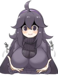 Rule 34 | 1girl, @ @, alternate breast size, black dress, breasts, creatures (company), dress, game freak, hairband, hex maniac (pokemon), highres, large breasts, long dress, messy hair, nintendo, petsuo (penpen), pokemon, pokemon xy, purple eyes, purple hair, purple hairband, simple background, solo, white background