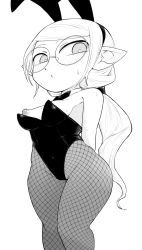 Rule 34 | 1girl, animal ears, arms behind back, bare shoulders, blush, bow, bowtie, breasts, bright pupils, covered navel, detached collar, fake animal ears, fishnet pantyhose, fishnets, glasses, greyscale, hair tie, highres, hip focus, inarou (rakugakiproject), legs together, leotard, long hair, looking away, monochrome, nipple slip, nipples, original, pantyhose, parted lips, perky breasts, playboy bunny, pointy ears, ponytail, puffy nipples, rabbit ears, rimless eyewear, sideboob, simple background, small breasts, solo, standing, strapless, strapless leotard, sweat, swept bangs, thighs, very long hair, white background, white hair, white pupils