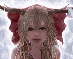 Rule 34 | 1girl, bad id, bad pixiv id, blonde hair, bow, chaki (emeraldia), close-up, fingernails, gradient background, grin, hair bow, hand on own chin, highres, horn ornament, horn ribbon, horns, ibuki suika, lips, long hair, looking at viewer, momose chiaki, parted lips, red eyes, ribbon, shirt, sleeveless, sleeveless shirt, slit pupils, smile, solo, touhou, upper body