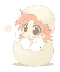 Rule 34 | 00s, 1girl, :&lt;, bad id, bad pixiv id, blush, buttons, chibi, egg, eggshell hat, female focus, hatching, hirokawa, kogami akira, lucky star, pale color, pink hair, short hair, simple background, sleeves past wrists, solo, speech bubble, white background