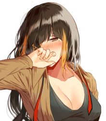 Rule 34 | 1girl, blonde hair, blush, braid, breasts, brown hair, cleavage, covering own mouth, eyepatch, girls&#039; frontline, half-closed eye, hand up, jacket, long hair, looking at viewer, m16a1 (girls&#039; frontline), medium breasts, mole, mole under eye, multicolored hair, necktie, open clothes, silence girl, simple background, solo, streaked hair, tank top, undone necktie, upper body, white background