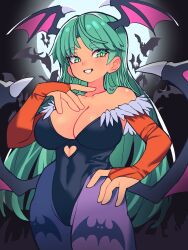 Rule 34 | 1girl, absurdres, animal print, bat print, black leotard, blush, breasts, cleavage, collarbone, covered navel, demon girl, demon tail, demon wings, green eyes, green hair, hand on own chest, hand on own hip, head wings, highres, large breasts, legs, leotard, long hair, looking at viewer, morrigan aensland, open mouth, pantyhose, parted lips, purple pantyhose, seductive gaze, seductive smile, slammo, smile, solo, tail, thick thighs, thighs, toned, vampire (game), wide hips, wings
