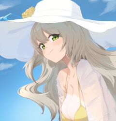Rule 34 | 1girl, bikini, blue archive, blue sky, breasts, cleavage, cloud, cloudy sky, collarbone, commentary request, green eyes, grey hair, hair between eyes, halo, hat, highres, large breasts, leaning forward, long hair, long sleeves, looking at viewer, midriff, nonomi (blue archive), nonomi (swimsuit) (blue archive), official alternate costume, outdoors, radioneet, sidelocks, sky, sleeveless, smile, solo, sun hat, swimsuit, yellow bikini
