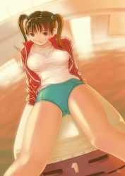 Rule 34 | 1girl, arm support, artist name, blush, breasts, brown hair, buruma, cameltoe, door, double vertical stripe, dutch angle, female focus, fisheye, gym, highres, indoors, jacket, kobayashi yuji, large breasts, legs, looking at viewer, open clothes, open jacket, open mouth, orange eyes, original, reclining, shirt, sitting, solo, spread legs, taut clothes, taut shirt, track jacket, twintails, unzipped, vaulting horse, window