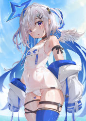 Rule 34 | 1girl, absurdres, amane kanata, amane kanata (work), blue hair, blue sky, blue thighhighs, breasts, covered navel, cowboy shot, day, feathered wings, hair ornament, hairclip, halo, highres, hololive, jacket, juu p, long hair, looking at viewer, multicolored hair, off shoulder, old school swimsuit, one-piece swimsuit, outdoors, parted lips, purple eyes, school swimsuit, short twintails, silver hair, single thighhigh, skindentation, sky, small breasts, solo, swimsuit, thigh strap, thighhighs, thighs, twintails, virtual youtuber, wet, white jacket, white one-piece swimsuit, white wings, wings