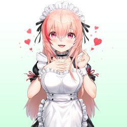 Rule 34 | 1girl, alternate costume, apron, bad id, bad twitter id, blush, breasts, choker, collarbone, cowboy shot, enmaided, fangs, girls&#039; frontline, gradient background, greem bang, hair between eyes, heart, highres, long hair, looking at viewer, m4 sopmod ii (girls&#039; frontline), maid, maid headdress, medium breasts, multicolored hair, open mouth, pink hair, puffy short sleeves, puffy sleeves, red eyes, red hair, short sleeves, sidelocks, simple background, smile, solo, streaked hair, tongue, tongue out, vampire, wrist cuffs