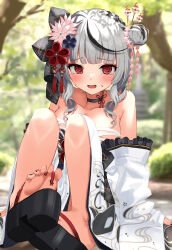 Rule 34 | 1girl, @ @, bare shoulders, black choker, black hair, black nails, blunt bangs, blurry, blurry background, bow, braid, breasts, chest sarashi, choker, collarbone, crying, crying with eyes open, fang, feet, flower, flower knot, grey hair, hair bow, hair bun, hair flower, hair ornament, hair stick, highres, hololive, japanese clothes, kimono, knees up, large breasts, long sleeves, looking at viewer, medium hair, multicolored hair, off shoulder, open mouth, outdoors, red eyes, sakamata chloe, sakamata chloe (new year), sandals, sarashi, single side bun, sitting, solo, streaked hair, sweat, tassel, tassel hair ornament, tears, toes, uuroncha, virtual youtuber