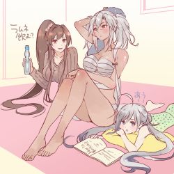 Rule 34 | 3girls, ahoge, alternate costume, bandages, barefoot, book, bottle, breasts, brown eyes, brown hair, brown sweater, budget sarashi, casual, cherry blossoms, cleavage, commentary request, dark-skinned female, dark skin, english text, engrish text, feet, female focus, flower, glasses, grey eyes, grey hair, hair between eyes, hair bun, hair flower, hair ornament, highres, holding, holding bottle, kantai collection, kasumi (skchkko), kiyoshimo (kancolle), large breasts, long hair, low twintails, lying, matching hair/eyes, multiple girls, musashi (kancolle), musashi kai ni (kancolle), official alternate costume, on stomach, pillow, ponytail, ramune, ranguage, ribbed sweater, sarashi, single hair bun, sitting, sweater, toes, translation request, twintails, yamato (kancolle)