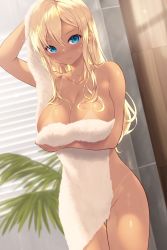 Rule 34 | 1girl, bikini tan, blonde hair, blue eyes, boku wa tomodachi ga sukunai, breasts, cait aron, closed mouth, collarbone, commentary request, completely nude, hair between eyes, highres, holding, holding towel, kashiwazaki sena, large breasts, long hair, looking at viewer, naked towel, nude, solo, tan, tanline, towel, towel on head, wet, wet hair