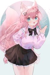 Rule 34 | 1girl, animal ear fluff, animal ears, arm behind back, black bow, black skirt, blue eyes, bow, breasts, collar, commentary, commission, english commentary, eyebrows hidden by hair, fox ears, fox girl, fox tail, frilled collar, frills, highres, indie virtual youtuber, long hair, majima (j dz1q), medium breasts, momochiru, open hand, open mouth, pink hair, purple shirt, second-party source, shirt, skeb commission, skirt, smile, solo, tail, very long hair, virtual youtuber