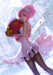 Rule 34 | 1girl, :d, absurdres, black pantyhose, blush, bouquet, commentary request, dress, dutch angle, flower, from behind, highres, holding, holding bouquet, idolmaster, idolmaster cinderella girls, jougasaki mika, looking at viewer, looking back, noname (metaldragonfly), open mouth, outdoors, pantyhose, petals, pink hair, smile, solo, standing, thighs, white dress