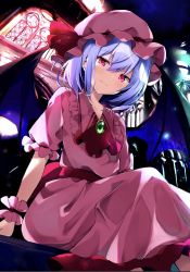 Rule 34 | 1girl, arm support, ascot, backlighting, bat wings, brooch, closed mouth, collarbone, dress, frilled dress, frills, hat, highres, hyurasan, indoors, jewelry, light purple hair, long dress, looking at viewer, mob cap, pink dress, pink hat, red eyes, red ribbon, remilia scarlet, ribbon, short hair, sidelocks, sitting, smile, solo, stained glass, touhou, wing collar, wings, wrist cuffs