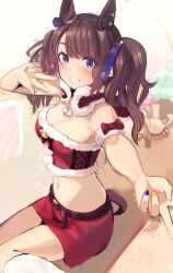 Rule 34 | 1girl, alternate costume, animal ears, bare shoulders, blush, breasts, brown hair, commentary request, ear ornament, ear piercing, fur-trimmed shirt, fur trim, grin, gyaru v, highres, horse ears, horse girl, horse tail, long hair, looking at viewer, medium breasts, midriff, multicolored nails, navel, pencil skirt, piercing, purple eyes, red shirt, red skirt, shirt, sitting, skirt, sleeveless, sleeveless shirt, smile, solo, solokitsune, tail, tosen jordan (umamusume), twintails, umamusume, v, w, wariza
