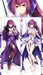 Rule 34 | 1girl, bad id, bad pixiv id, bed sheet, billie (meng gong fang), bow, breasts, censored, choker, cleavage, dakimakura (medium), dress, fate/grand order, fate (series), from above, full body, gluteal fold, hair between eyes, hair bow, heart, heart censor, high ponytail, highres, holding, holding wand, large breasts, long hair, looking at viewer, lying, multiple views, nail polish, nipples, on back, pantyhose, purple bow, purple dress, purple hair, purple thighhighs, red eyes, scathach (fate), scathach skadi (fate), scathach skadi (third ascension) (fate), smile, thigh grab, thighhighs, torn clothes, torn dress, torn legwear, very long hair, wand, white dress, white thighhighs