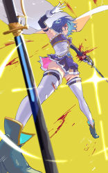 Rule 34 | 1girl, blood, blood on arm, blood on face, blood on leg, blood spray, blue eyes, blue hair, blue skirt, blurry, blurry foreground, cape, corset, cuts, detached sleeves, dutch angle, elbow gloves, expressionless, foreshortening, from below, gloves, gluteal fold, hands up, highres, holding, holding sword, holding weapon, injury, legs apart, magical girl, mahou shoujo madoka magica, mahou shoujo madoka magica (anime), miki sayaka, panties, pantyshot, planted, planted sword, planted weapon, pointing sword, pointing weapon, saber (weapon), short hair, simple background, skirt, sleeveless, solo, standing, sword, thighhighs, thighs, torn clothes, torn thighhighs, underwear, upskirt, weapon, white cape, white corset, white gloves, white panties, white thighhighs, wind, wind lift, yellow background, yooki (winter cakes)