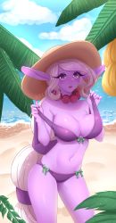 Rule 34 | 1girl, absurdres, alternate costume, armband, artist name, arynah, banana, beach, bikini, breasts, cleavage, colored skin, day, eyelashes, food, fruit, hat, highres, jewelry, large breasts, league of legends, long hair, looking at viewer, nail polish, navel, necklace, open mouth, order of the banana soraka, outdoors, pointy ears, ponytail, purple bikini, purple eyes, purple skin, red nails, solo, soraka (league of legends), staff, standing, sun hat, swimsuit, very long hair, white hair