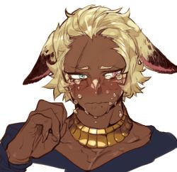 Rule 34 | 1boy, warrior of light (ff14), blue eyes, closed mouth, crying, crying with eyes open, dark-skinned male, dark skin, ears down, fictional persona, final fantasy, final fantasy xiv, fingernails, hand up, heterochromia, jewelry, long fingernails, male focus, miqo&#039;te, necklace, pigeon666, pink eyes, sharp fingernails, simple background, solo, tears, white background